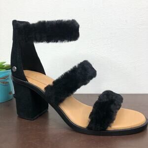 NEW Ugg Del Rey Fluff Fur Heel Open Toe Black Sandals Women's Size 6